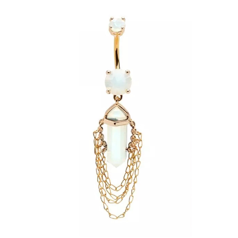 White Opalite Crystal with 4 Tiered Dangling Chains Belly Button Ring - 316L Stainless Steel