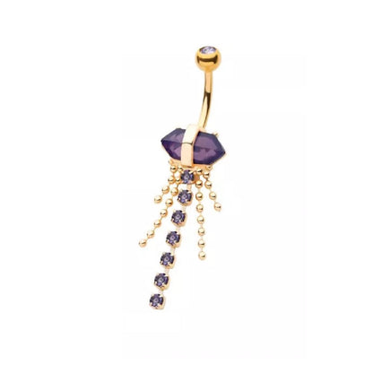 Amethyst Crystal with Dangling Gems and Beads Belly Button Ring - 316L Stainless Steel