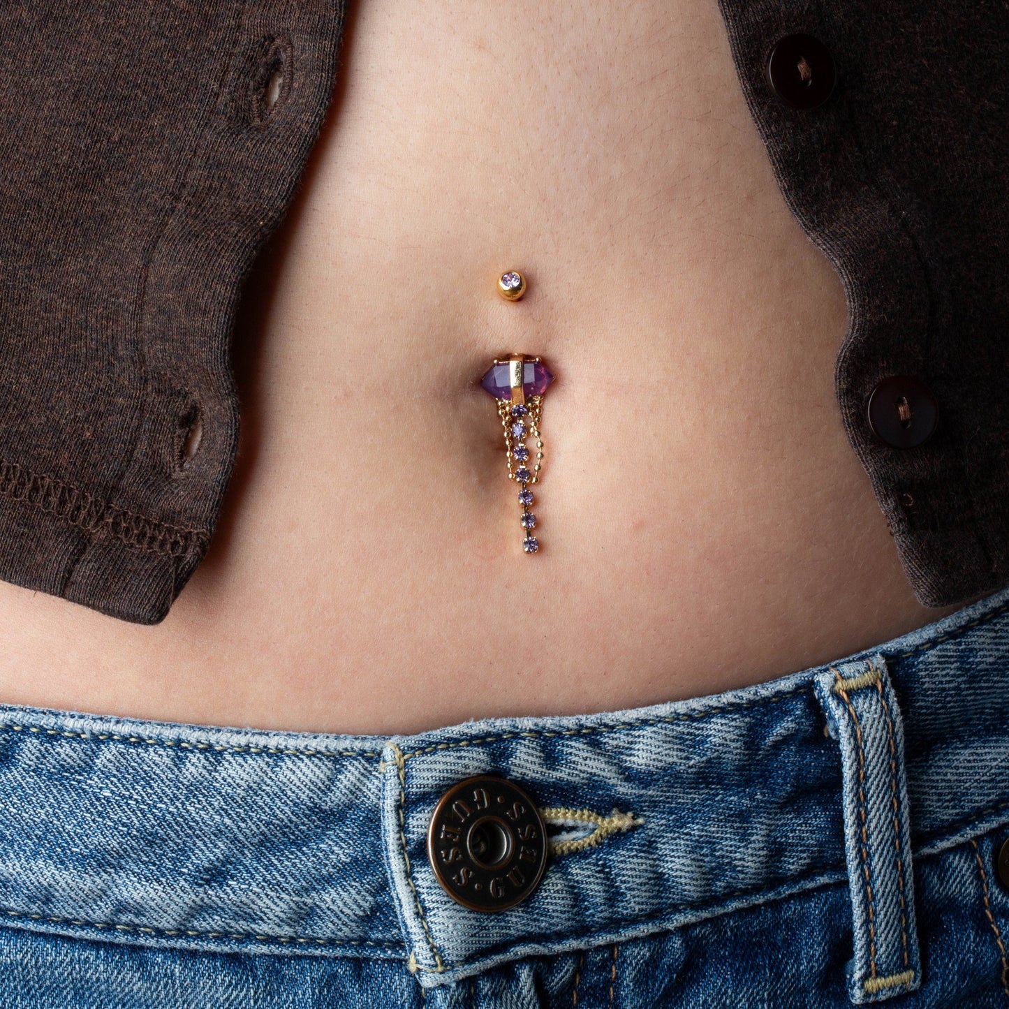 Amethyst Crystal with Dangling Gems and Beads Belly Button Ring - 316L Stainless Steel