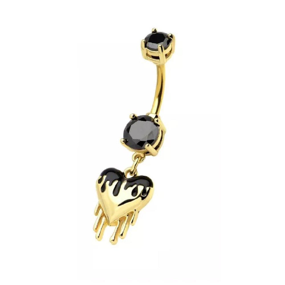 Black CZ Crystal Dripping Heart Dangling Belly Button Ring - 316L Stainless Steel