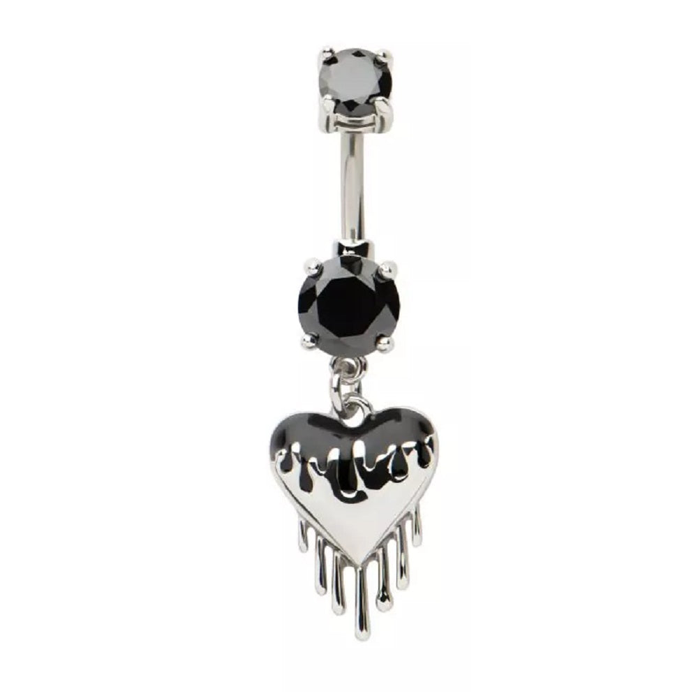 Black CZ Crystal Dripping Heart Dangling Belly Button Ring - 316L Stainless Steel