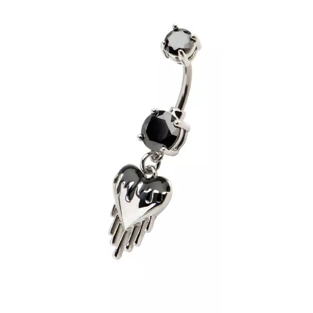 Black CZ Crystal Dripping Heart Dangling Belly Button Ring - 316L Stainless Steel