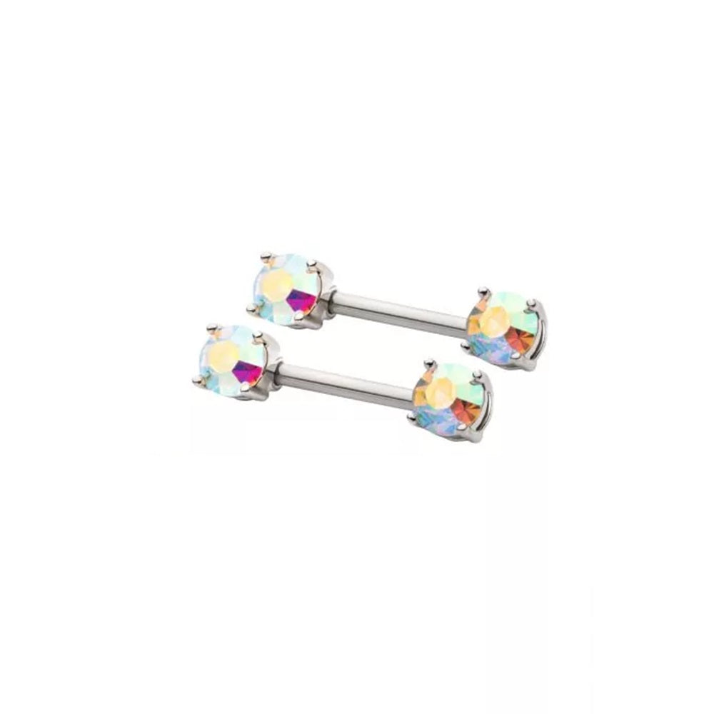 Prong Set CZ Crystal Ends Nipple Barbells - Pair - 316L Stainless Steel