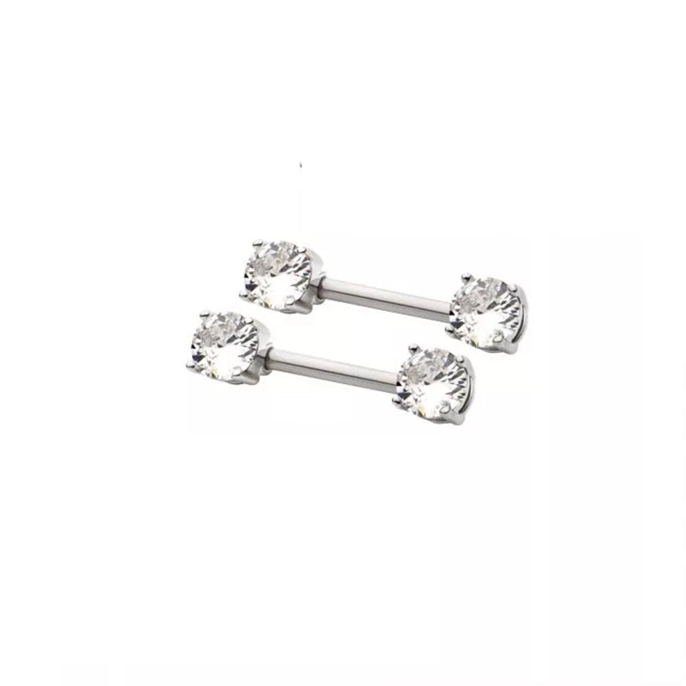 Prong Set CZ Crystal Ends Nipple Barbells - Pair - 316L Stainless Steel