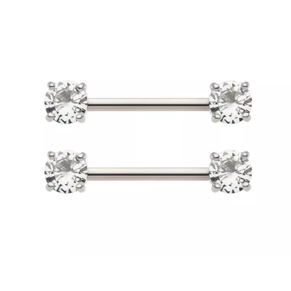 Prong Set CZ Crystal Ends Nipple Barbells - Pair - 316L Stainless Steel