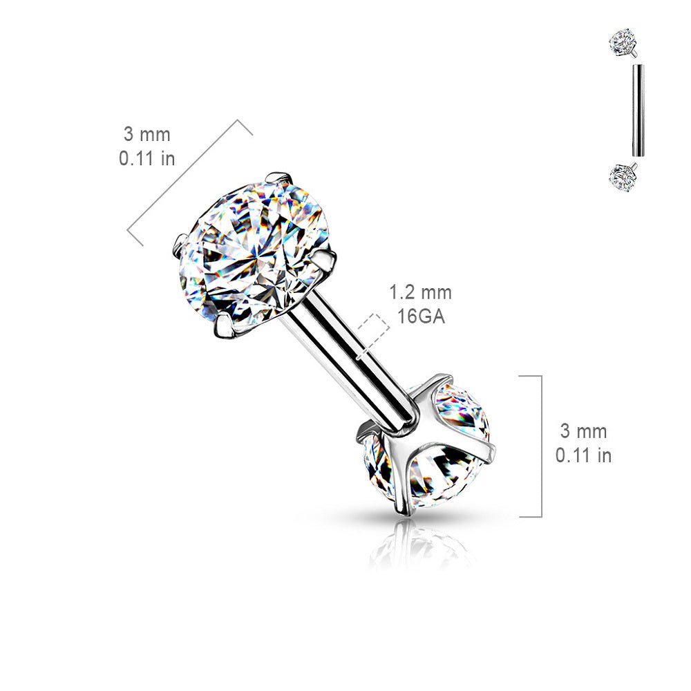 Internally Threaded Prong Set CZ Crystal Ends Cartilage Helix Conch Ear Lobe Barbell
- Stainless Steel