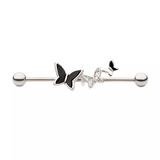 CZ Crystal Triple Butterfly Industrial Barbell - 316L Stainless Steel
