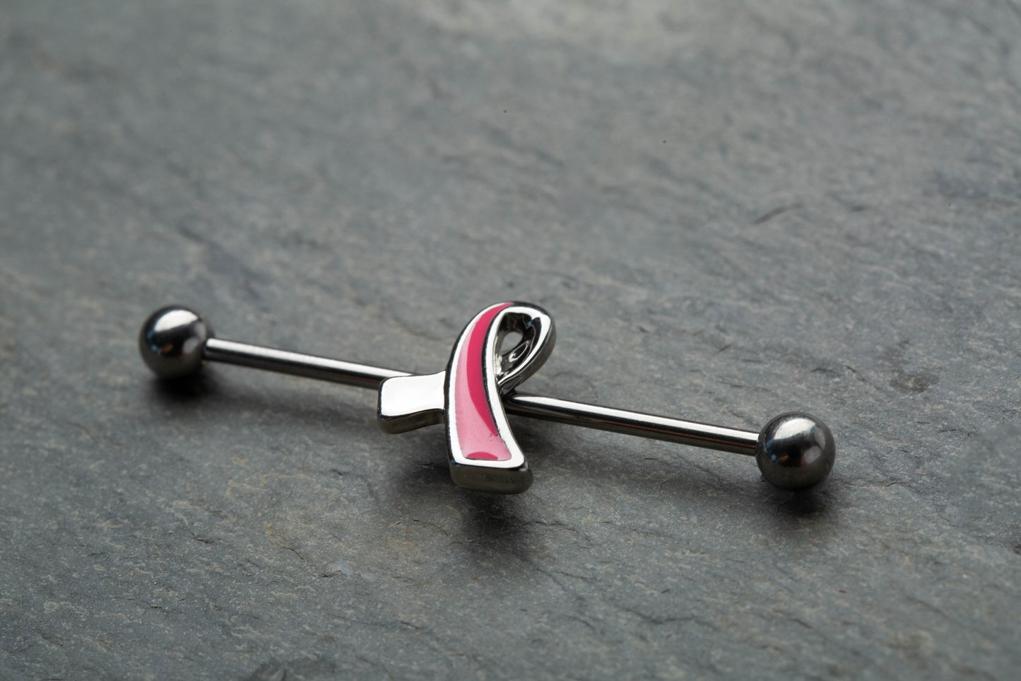 Pink Ribbon Breast Cancer Awareness Industrial Barbell - Stainless Steel