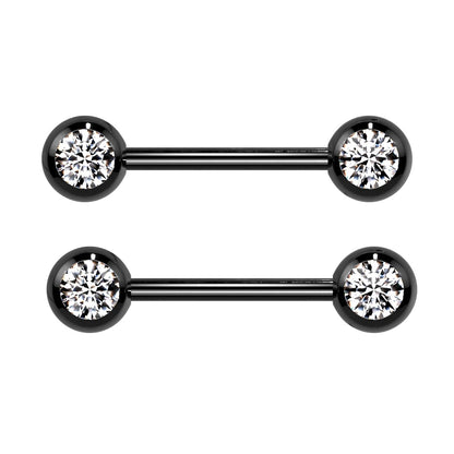 Double CZ Crystal Nipple Barbells - Titanium Plated 316L Stainless Steel - Pair