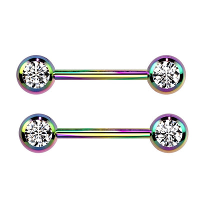Double CZ Crystal Nipple Barbells - Titanium Plated 316L Stainless Steel - Pair