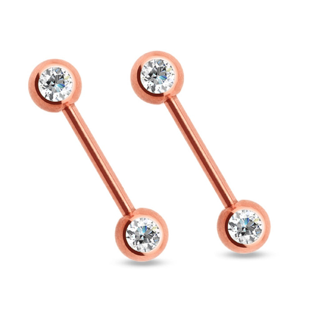 Double CZ Crystal Nipple Barbells - Titanium Plated 316L Stainless Steel - Pair