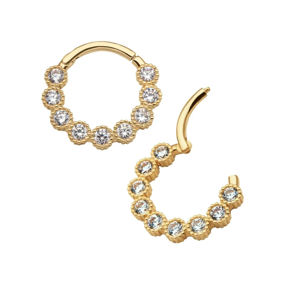 Beaded Edge Bezel Set CZ Cluster Front Facing Hinged Segment - 14kt Gold