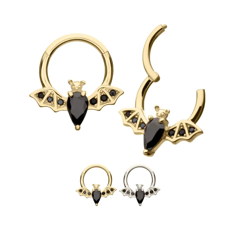 Black CZ Gem Bat Front Facing Hinged Segment Clicker - 14kt Gold