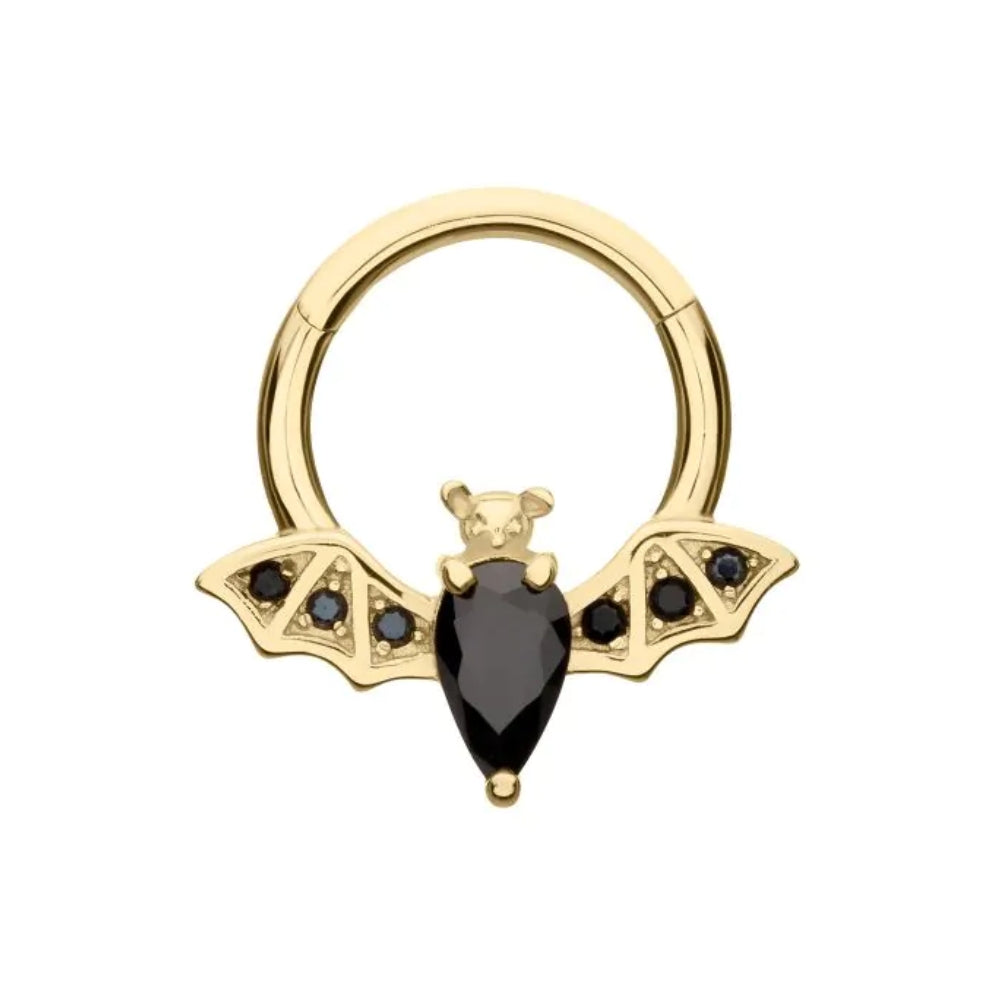Black CZ Gem Bat Front Facing Hinged Segment Clicker - 14kt Gold