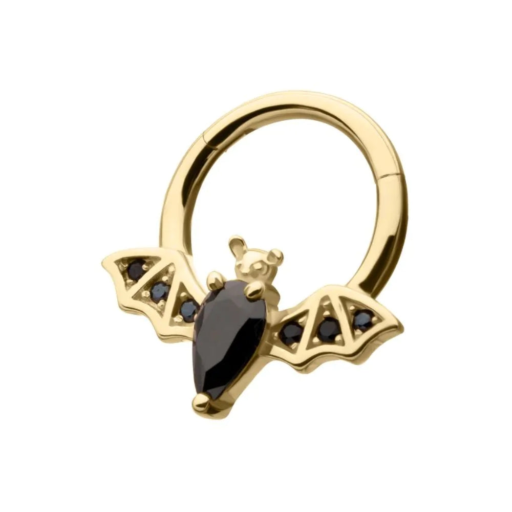 Black CZ Gem Bat Front Facing Hinged Segment Clicker - 14kt Gold