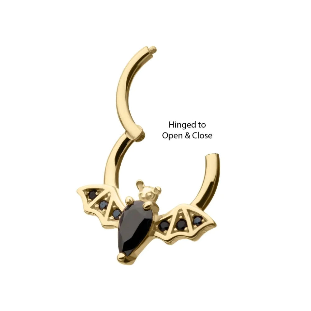 Black CZ Gem Bat Front Facing Hinged Segment Clicker - 14kt Gold