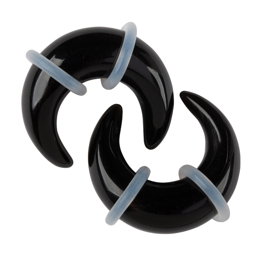 Black Obsidian Stone Pincher Taper Plugs with O Rings - Pair