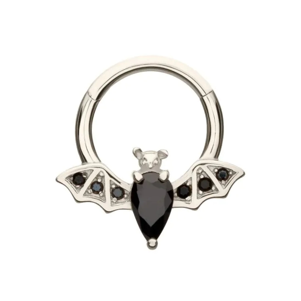 Black CZ Gem Bat Front Facing Hinged Segment Clicker - 14kt White Gold