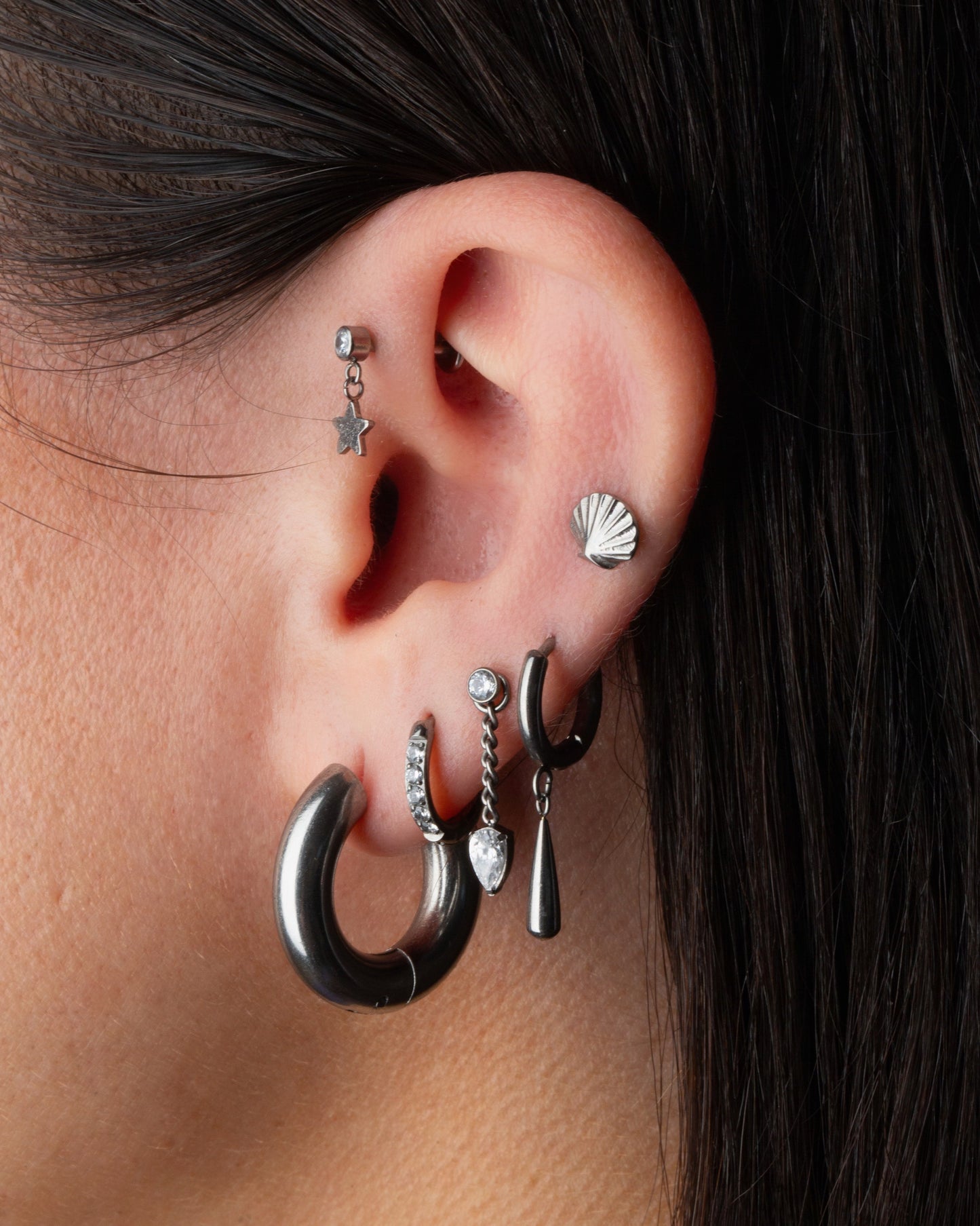 Threadless Push-In CZ Crystal with Dangling Star Flat Back Stud - ASTM F-136 Implant Grade Titanium