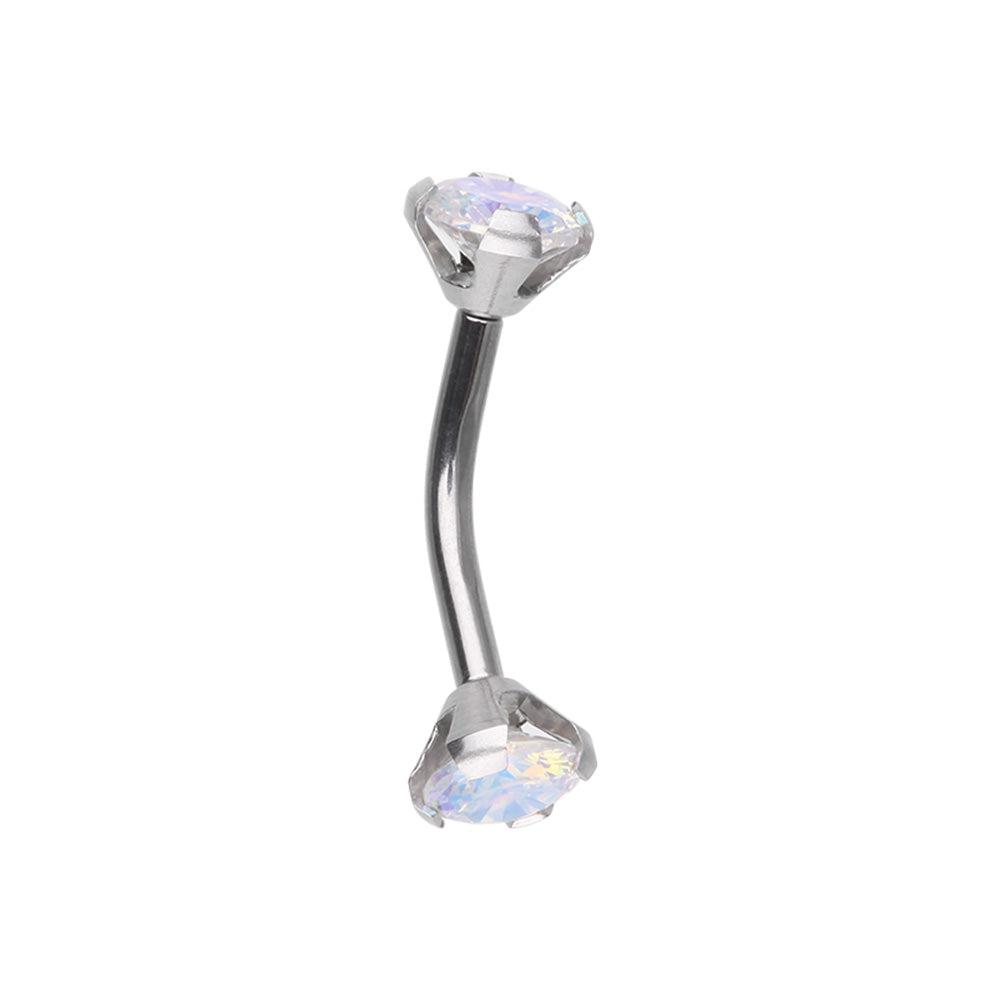 Internally Threaded Prong Set CZ Crystal Curved Eyebrow Barbell - Stainless Steel