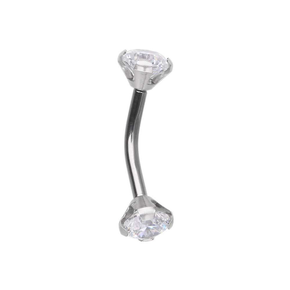 Internally Threaded Prong Set CZ Crystal Curved Eyebrow Barbell - Stainless Steel