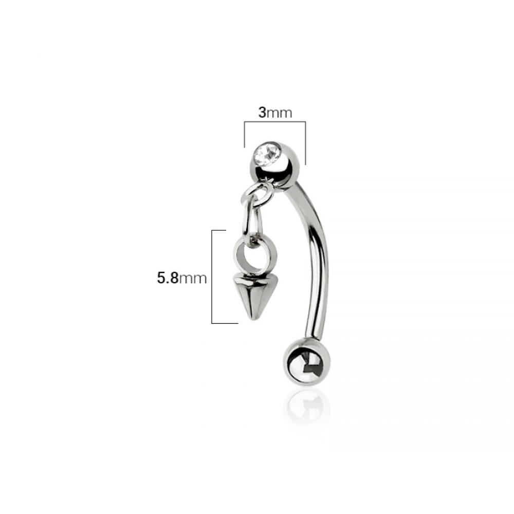 CZ Crystal Dangling Spike Curved Eyebrow Barbell - 316L Stainless Steel