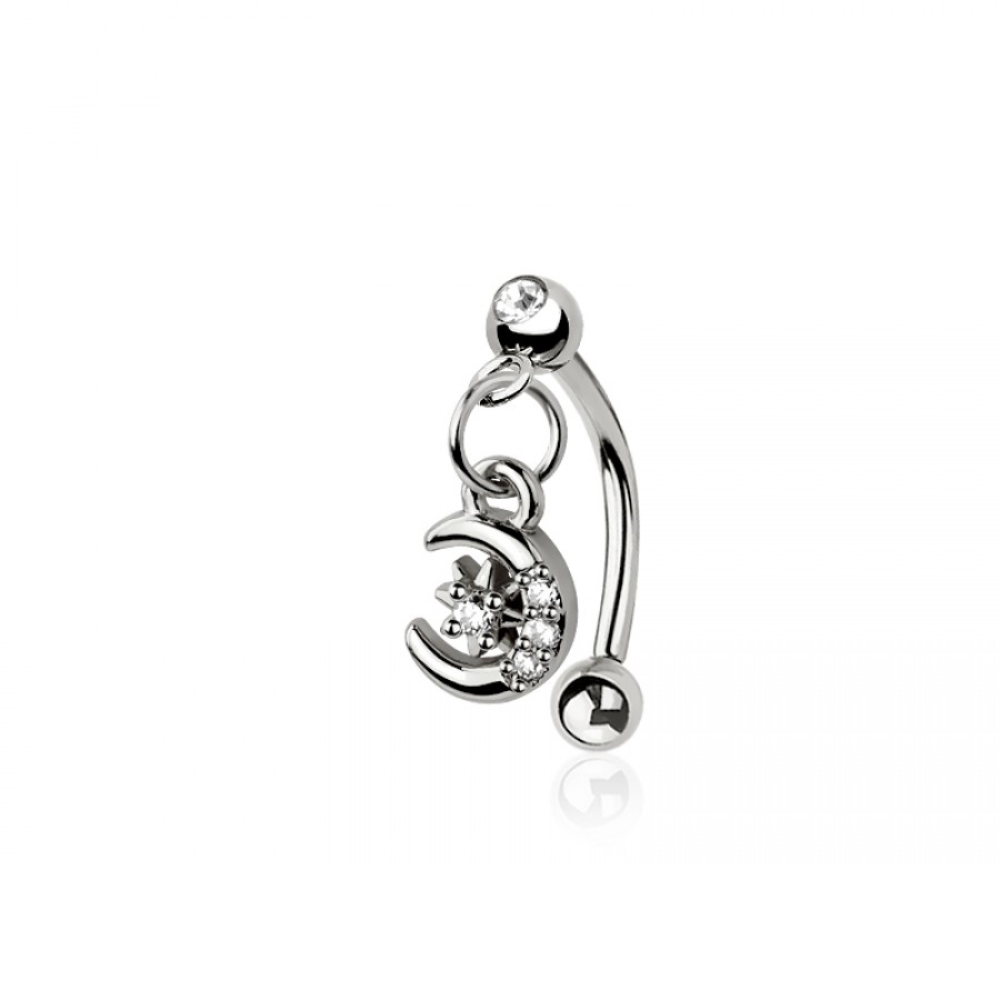 Dangling CZ Crystal Crescent Moon Curved Eyebrow Barbell - 316L Stainless Steel