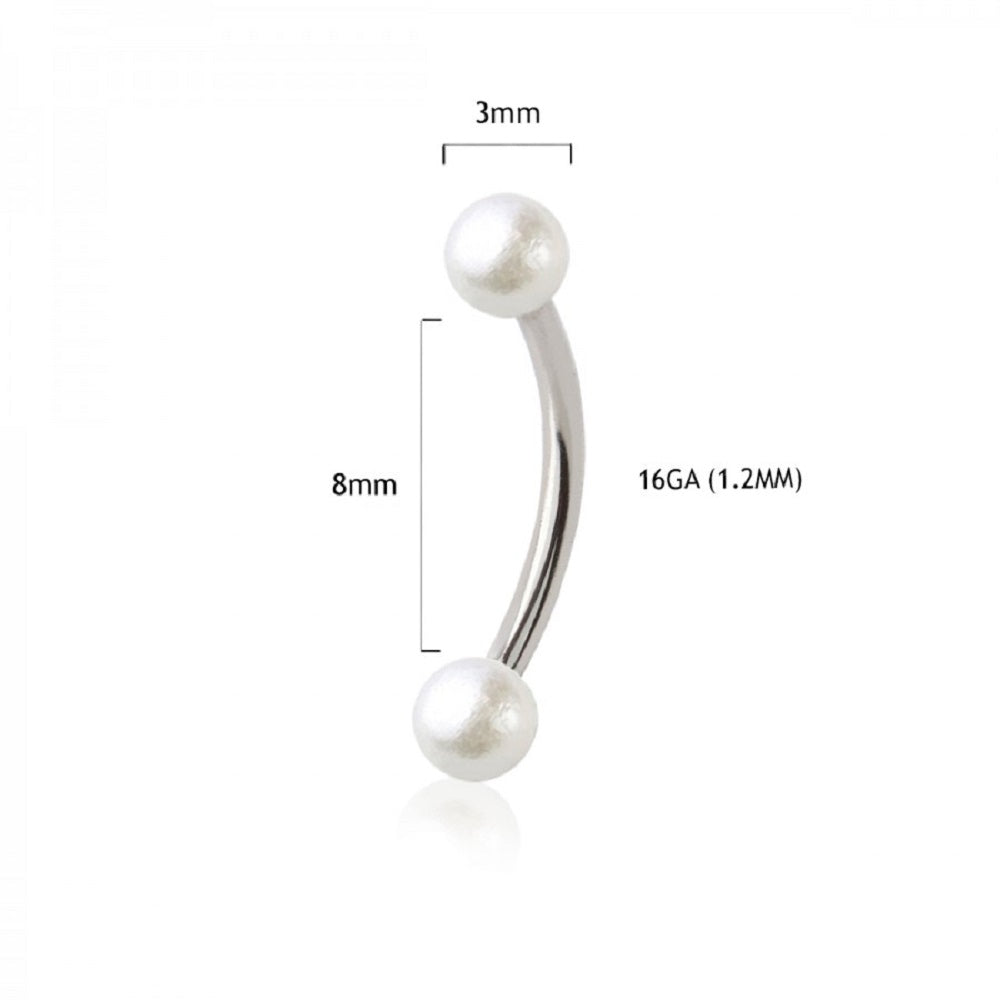 Faux Pearl Ball Ends Curved Eyebrow Barbell - 316L Stainless Steel