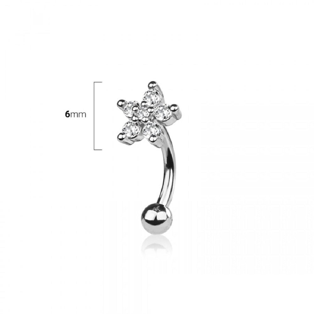 CZ Crystal Flower Curved Eyebrow Barbell - 316L Stainless Steel