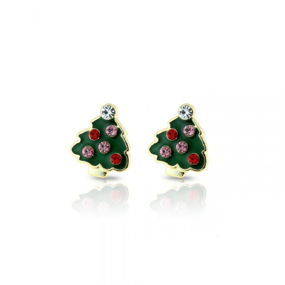 Golden Gemstone Embedded Enamel Christmas Tree Stud Earrings - 316L Stainless Steel - Pair