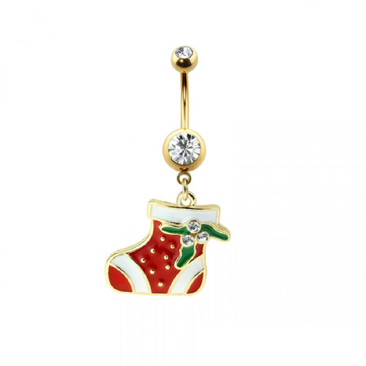 CZ Crystal Christmas Stocking Dangling Belly Button Ring - Gold Plated 316L Stainless Steel