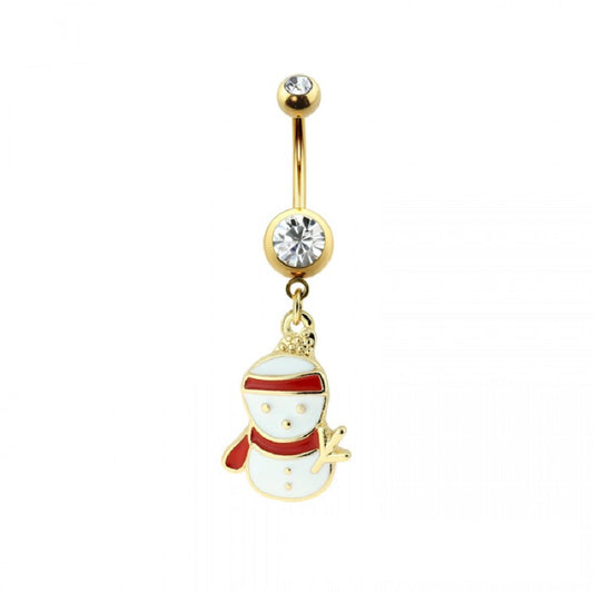 CZ Crystal Snowman Dangling Belly Button Ring - Gold Plated 316L Stainless Steel