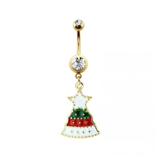 CZ Crystal White Star Christmas Tree Dangling Belly Button Ring - Gold Plated 316L Stainless Steel