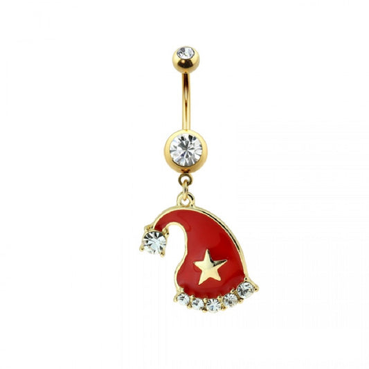 CZ Crystal Christmas Santa Hat Dangling Belly Button Ring - Gold Plated 316L Stainless Steel
