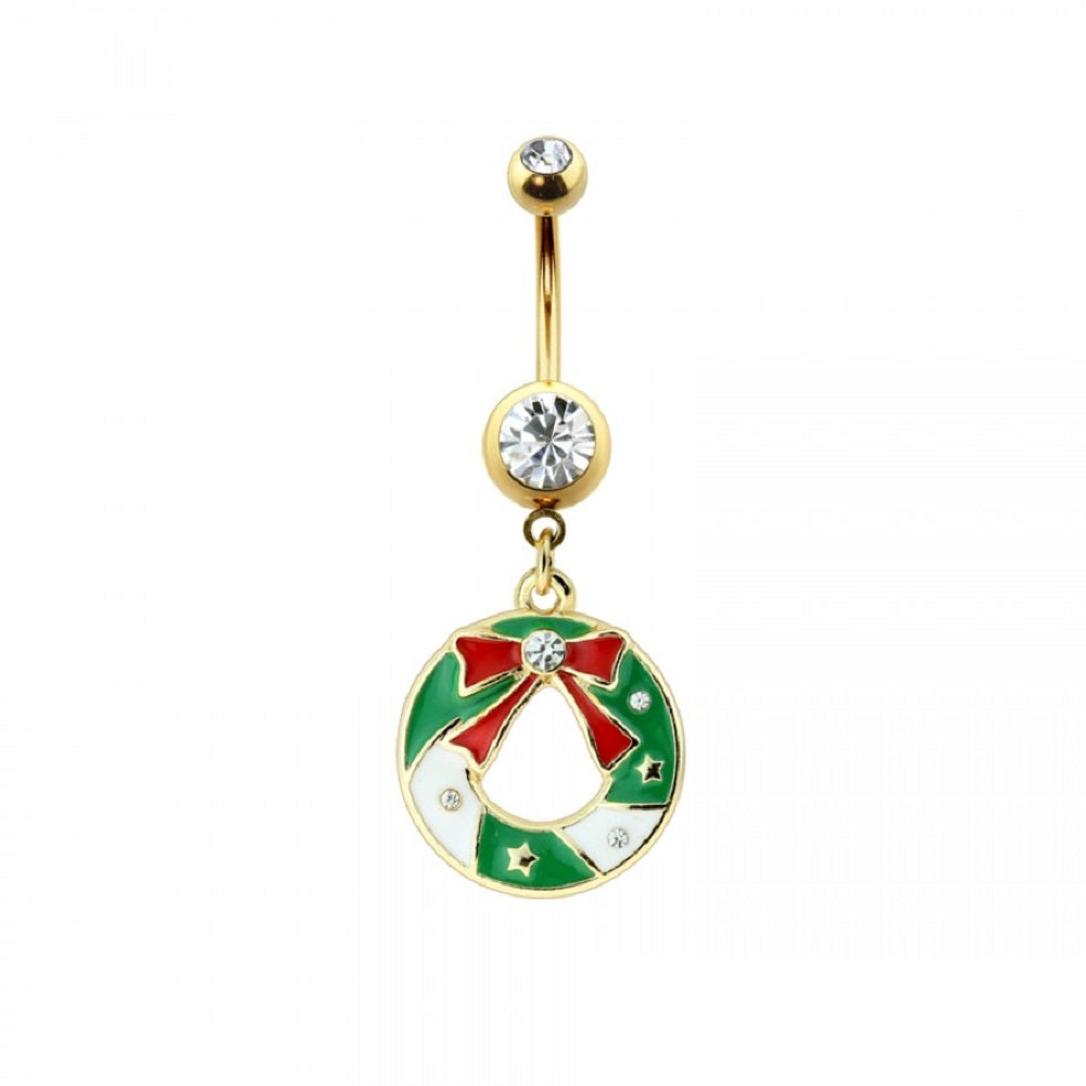 CZ Crystal Christmas Bow Wreath Icon Dangling Belly Button Ring - Gold Plated 316L Stainless Steel