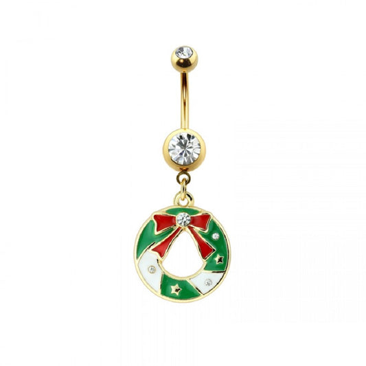 CZ Crystal Christmas Bow Wreath Icon Dangling Belly Button Ring - Gold Plated 316L Stainless Steel