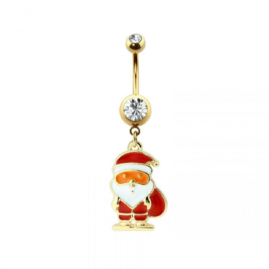 CZ Crystal Santa Clause Dangling Belly Button Ring - Gold Plated 316L Stainless Steel