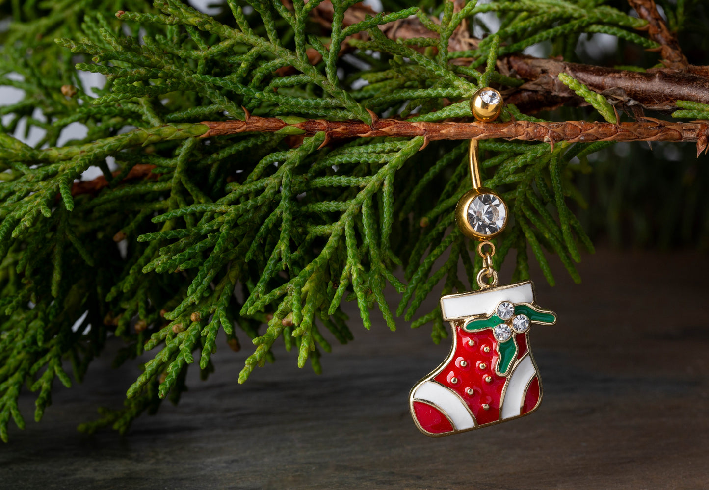 CZ Crystal Christmas Stocking Dangling Belly Button Ring - Gold Plated 316L Stainless Steel