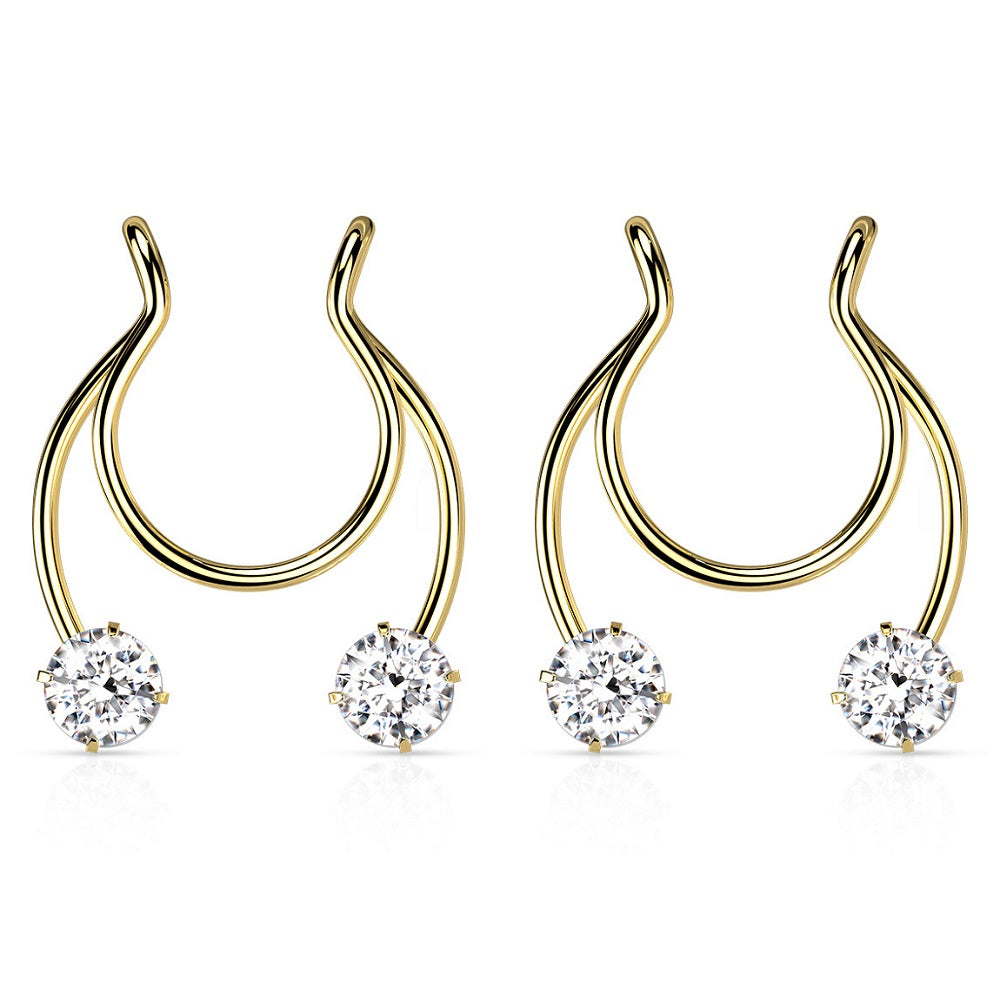 Prong Set CZ Crystal Horseshoe Clip On Non-Pierce Fake Septum Nipple Rings - Stainless Steel - Pair