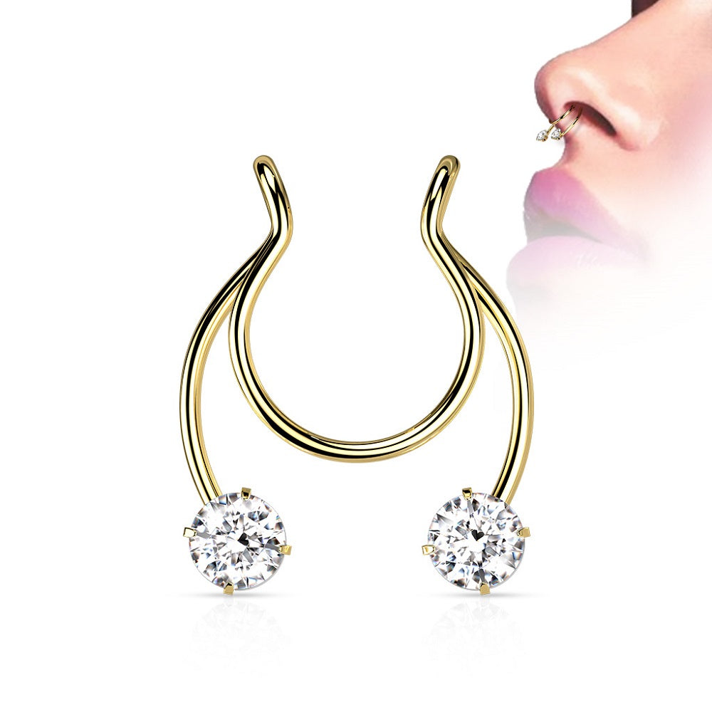 Prong Set CZ Crystal Horseshoe Clip On Non-Pierce Fake Septum Nipple Rings - Stainless Steel - Pair