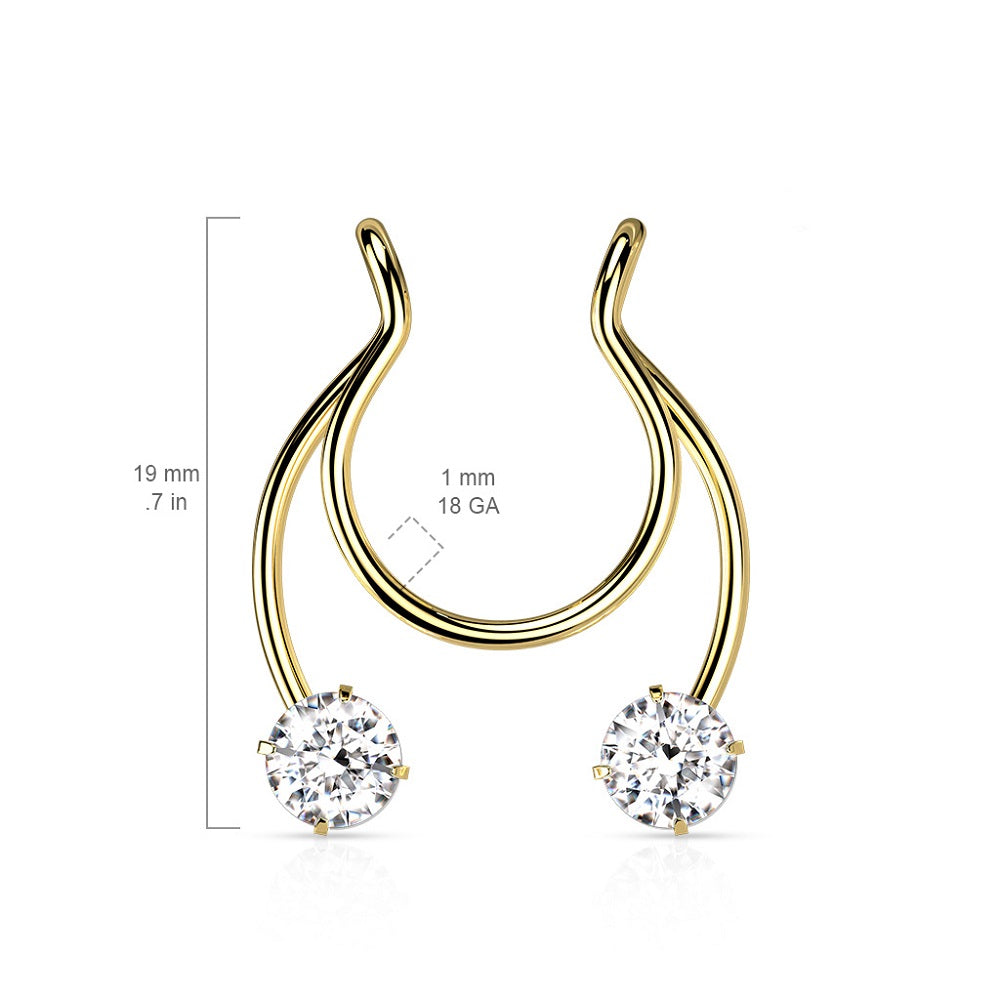 Prong Set CZ Crystal Horseshoe Clip On Non-Pierce Fake Septum Nipple Rings - Stainless Steel - Pair