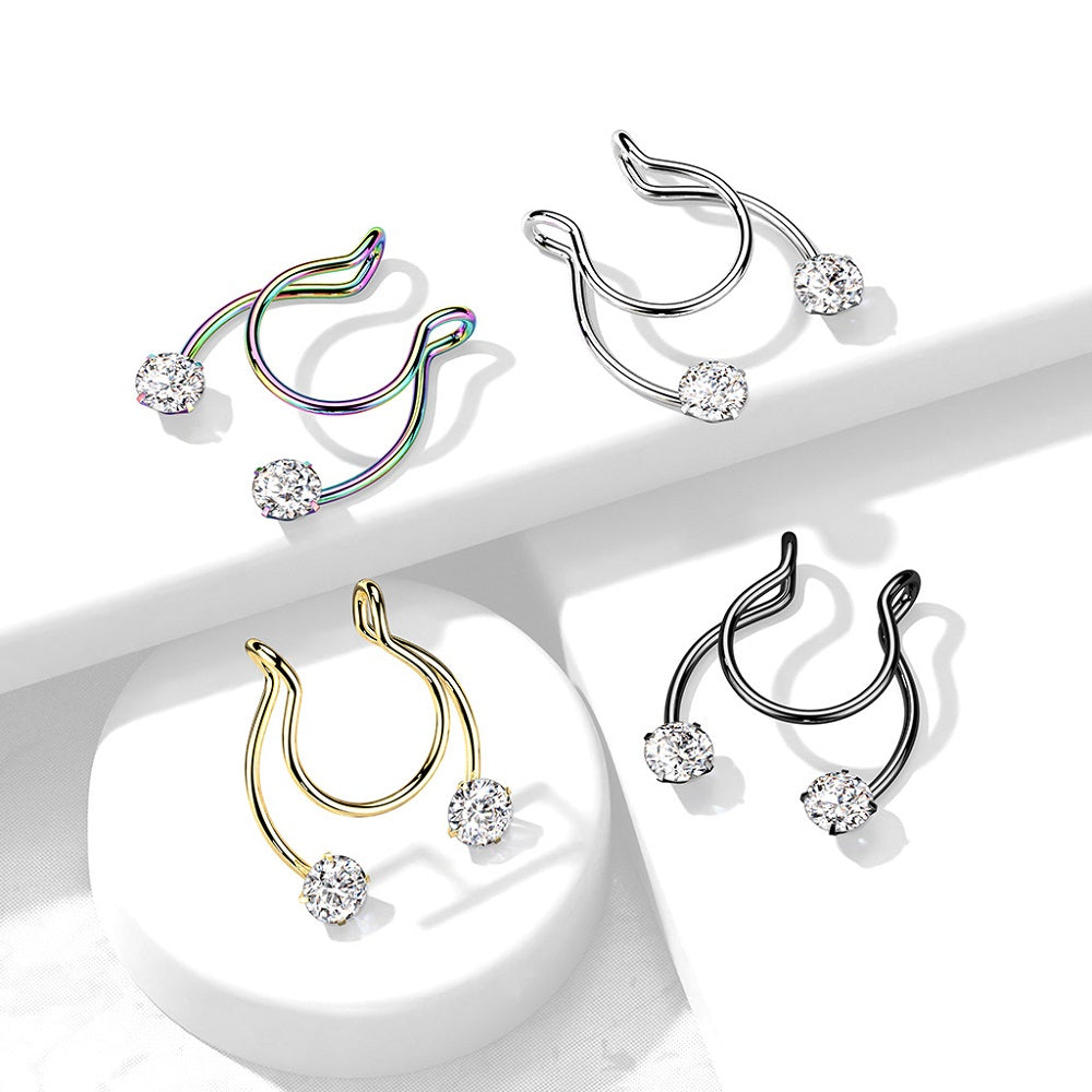 Prong Set CZ Crystal Horseshoe Clip On Non-Pierce Fake Septum Nipple Rings - Stainless Steel - Pair