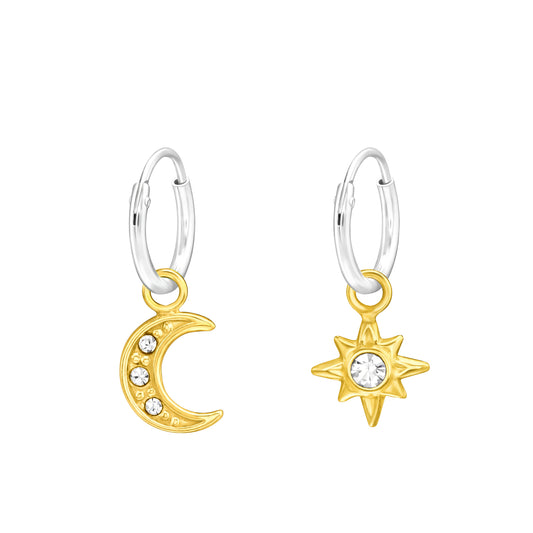 Crystal Crescent Moon and Star Mismatched Dangling Hoop Earrings - Pair - 925 Sterling Silver