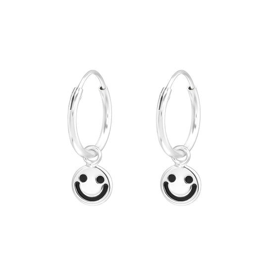 Dangling Smiley Face 12mm Hoop Earrings - Pair - 925 Sterling Silver