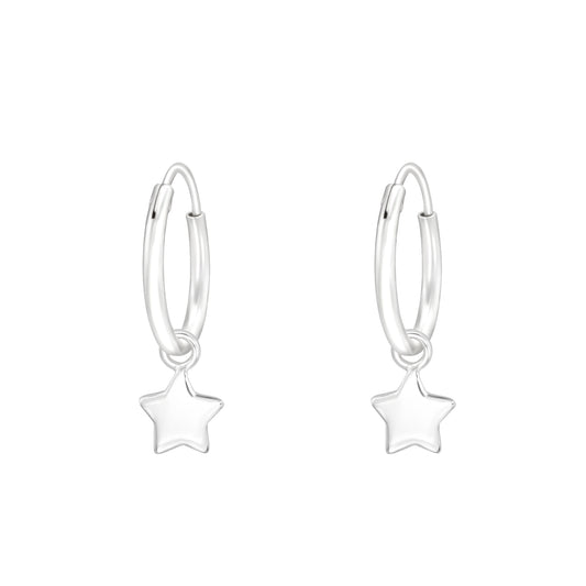 Dangling Star 12mm Hoop Earrings - Pair - 925 Sterling Silver
