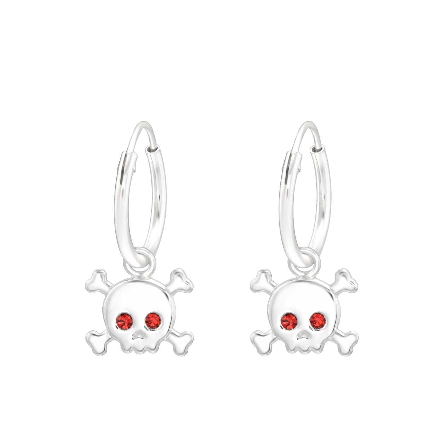 Dangling Skull with Red Crystal Eyes 12mm Hoop Earrings - Pair - 925 Sterling Silver