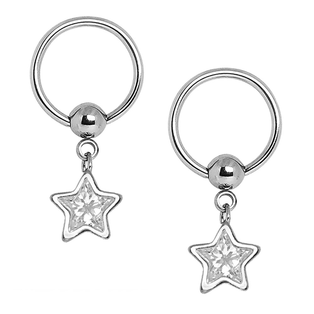 CZ Crystal Star Dangling Captive Bead Nipple Rings - Pair - 316L Stainless  Steel