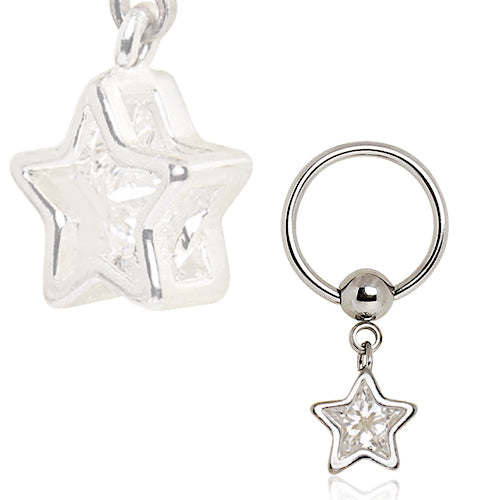 CZ Crystal Star Dangling Captive Bead Nipple Rings - Pair - 316L Stainless Steel