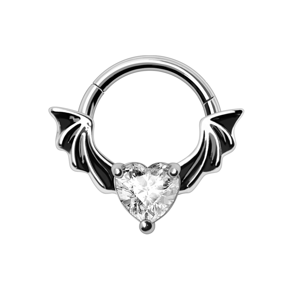 Bat Winged CZ Crystal Heart Hinged Segment Clicker Ring - 316L Stainless Steel