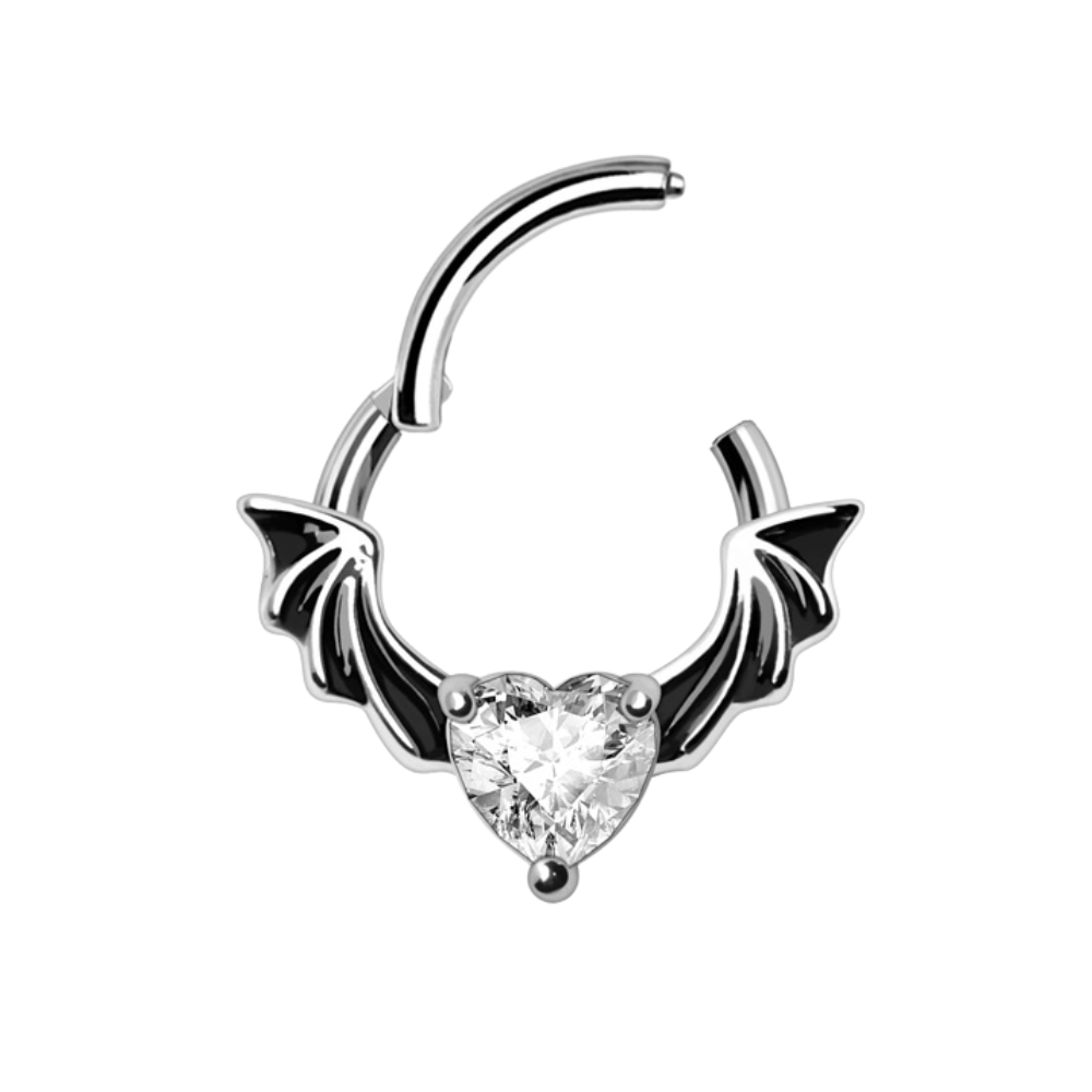 Bat Winged CZ Crystal Heart Hinged Segment Clicker Ring - 316L Stainless Steel